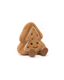 plush tree shaped gingerbread cookie with red and green dots and a smiley face.