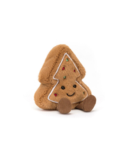 plush tree shaped gingerbread cookie with red and green dots and a smiley face.