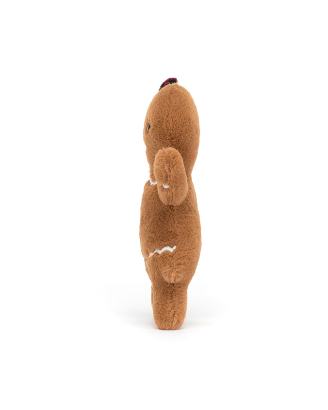 Brown plush toy with a happy expression on a white background