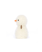 side view of Plush snowman toy with a white body, black buttons, an orange carrot nose, and brown arms on a white background.