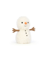 Plush snowman toy with a white body, black buttons, an orange carrot nose, and brown arms on a white background.