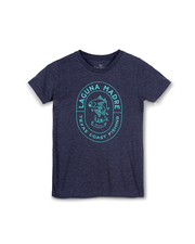 navy blue tee with teal design on chest. Reads Laguna Madre Texas Coast Fishing with a fish in center.
