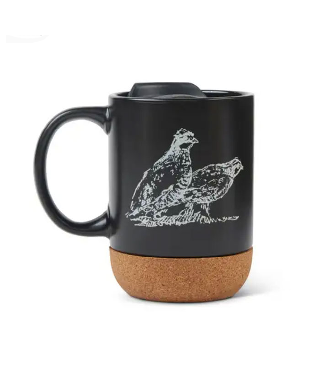 Black travel mug with cork bottom and white quail outline design.