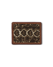 Back side of card case wallet. A needle point rattlesnake card has a rectangular shape, snake print in shades of brown, tan, and white.