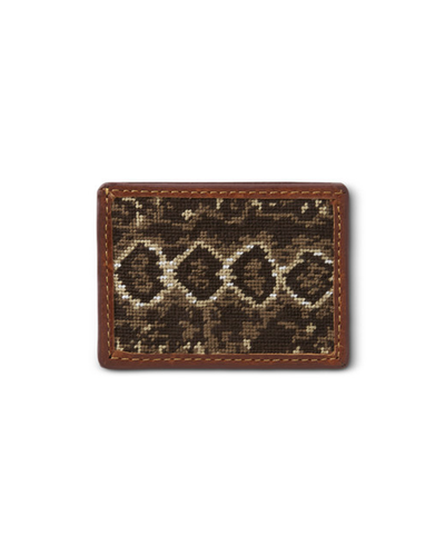 Back side of card case wallet. A needle point rattlesnake card has a rectangular shape, snake print in shades of brown, tan, and white.
