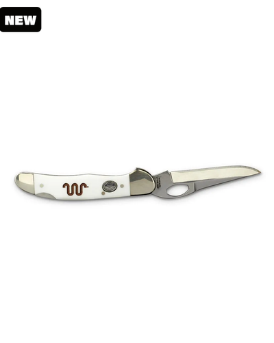A folding pocket knife with a white handle featuring a brown decorative element with King Ranch logo symbol . The blade is unfolded, showcasing its sharp point and an oval thumb hole near the base for easy opening. The knife has a metallic finish on a white background.