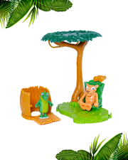 A colorful jungle playset featuring a friendly jaguar and a green iguana next to a tree and a small hut.