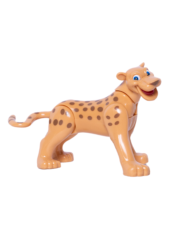 A cheerful, spotted, yellowish-brown jaguar toy figurine with a wide smile and bright blue eyes, captured in a dynamic pose against a white background. The jaguar front paw is lifted mid-stride, and its tail curls playfully upwards, conveying a sense of liveliness and energy.