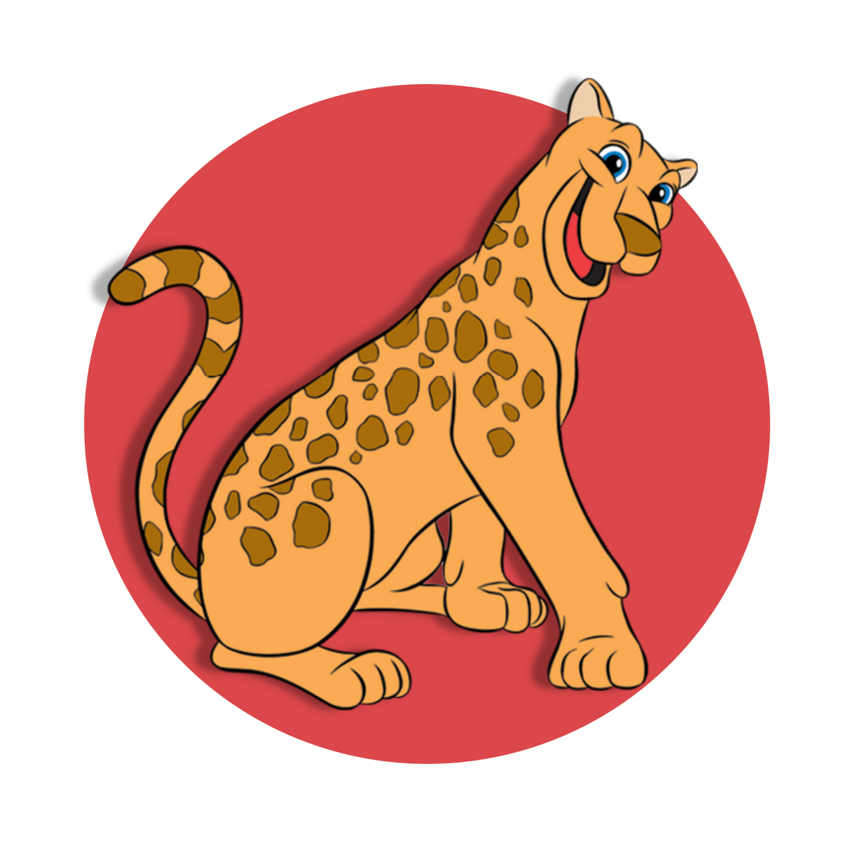 a cartoon illustration of a spotted leopard with a friendly expression. The leopard is sitting and shown in a side profile with its tail curled upwards, and its body is adorned with detailed spots. It’s set against a red circular background that highlights the leopard’s figure. 