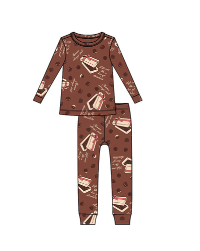 Graphic design illustration of the brown Box of Chocolates men's pajama set that has a chocolates pattern with words "Mama always said" and "Life is like a box of chocolates" in white cursive.