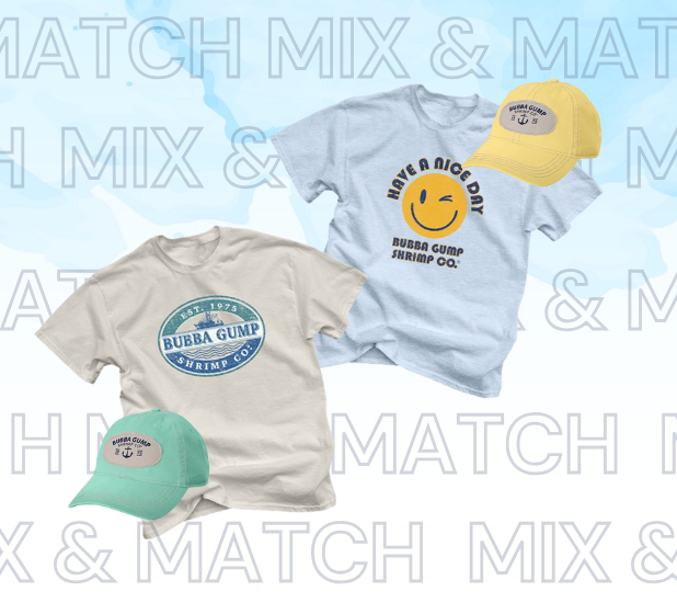 Four casual apparel pieces from Bubba Gump Shrimp Co.: two t-shirts and two caps, set against a light blue background.