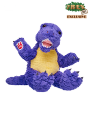 purple t-rex plush with yellow belly is sitting down, waving. on the paw is a red bear paw with "B-A-B".