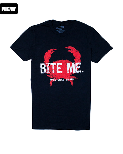 Black tee shirt with red crab. In white words, over the crab reads "Bite Me." and under it "joe's Crab Shack". Black tag on top, left corner reads "NEW".