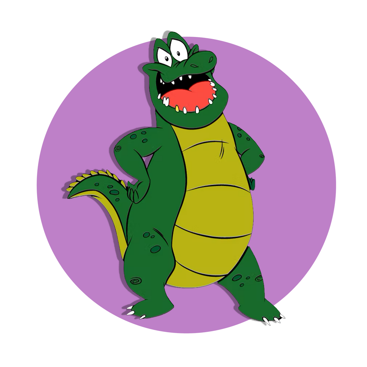 a cartoon alligator standing upright on two legs. It has a yellow underbelly and is set against a purple circular background. The alligator is detailed with prominent scales, sharp claws, and a friendly open-mouthed grin, showing its teeth. 