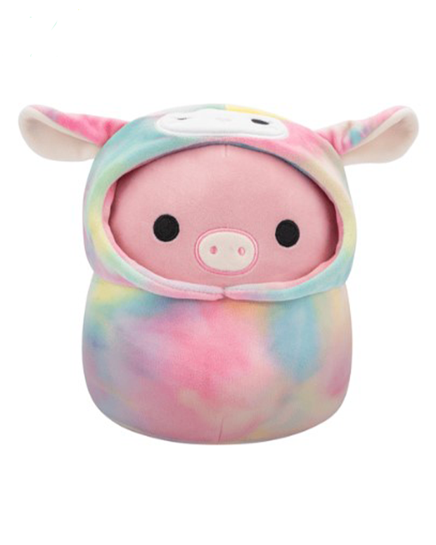 The image features a colorful plush toy pig with a round body, wearing a lamb costume. The toy is covered in a tie-dye fabric with hues of pink, blue, yellow, and green, and the hood’s interior is white, providing a playful contrast. The plush toy’s design has a pink snout and small black eyes.