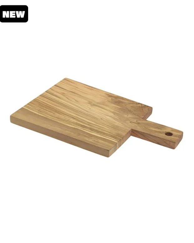 square olive wood serving board with handle.