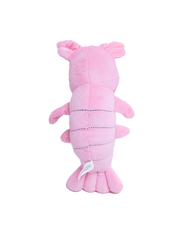 Back view of Shrimp Louie plush in pink on a white background.