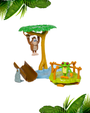 A colorful children's toy set featuring a monkey hanging from a tree, a frog on a lily pad, and a slide. Fun and playful design!