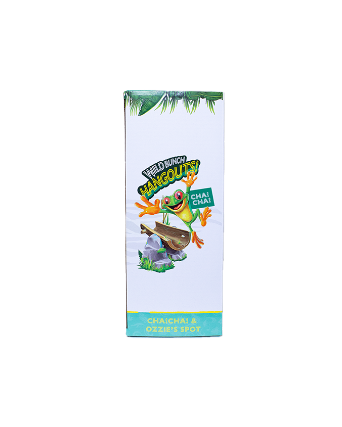 Colorful packaging featuring a cheerful frog playing a musical instrument, labeled "Wild Bunch Hangouts! Cha! Cha!" with tropical motifs.