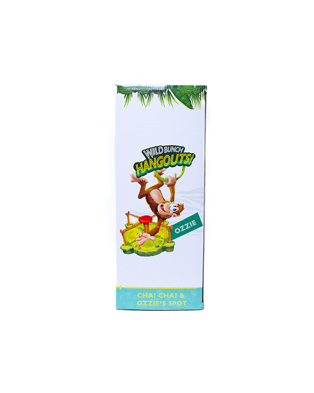 Product packaging featuring a cartoon monkey named Ozzie swinging joyfully in a tropical setting with the text "Wild Bunch Hangouts!"