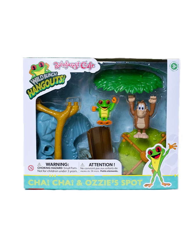 Colorful toy set featuring Cha! Cha! the frog and Ozzie the monkey in a fun rainforest scene, labeled "Wild Bunch Hangouts".