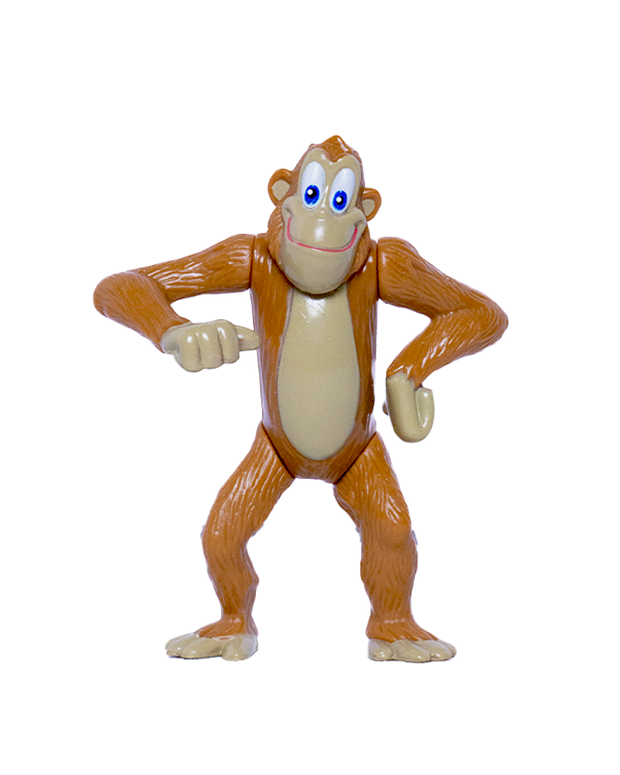 A toy figure of a smiling orangutan with soft brown fur and a light beige belly. The orangutan has bright blue eyes and is standing in a playful pose with arms spread out and legs slightly bent, as if ready to dance or play. The white background of the image accentuates the toy’s cheerful demeanor and colorful details.