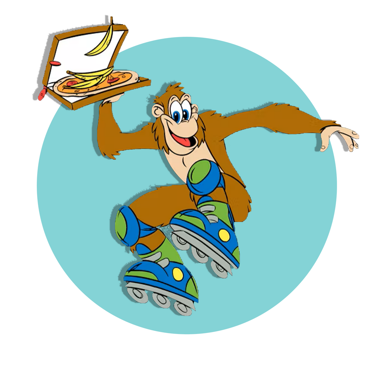 a whimsical illustration of a cheerful monkey on roller skates, holding a pizza with one slice partly out, which is placed on an artist’s palette. The background is a simple light blue circle. 