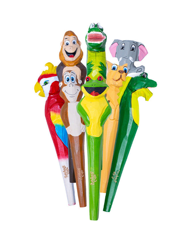 A collection of six colorful character pencils. From left to right, the characters depicted on the pencils are a yellow and red bird, a brown and white monkey, a green crocodile, a yellow and green frog, a brown jaguar, and a grey elephant. Each pencil has intricate details that capture the essence of the characters they represent. The background is plain white which highlights the vivid colors and playful nature of these writing instruments.