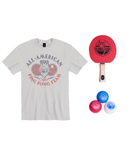 A white T-shirt with a red and grey graphic that reads ‘ALL-AMERICAN PING PONG TEAM’, a red ping pong paddle with ‘BUBBA GUMP’ written on it, and three ping pong balls in red, blue, and white colors. ON a white background.