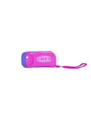 Pink and purple mini flashlight with wrist strap and T-Rex Cafe logo on the side.