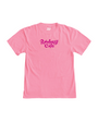 A pink t-shirt with the embroidered text ‘Rainforest Cafe’ printed on the front.