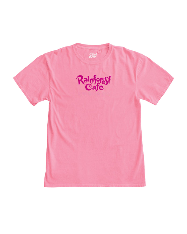 A pink t-shirt with the embroidered text ‘Rainforest Cafe’ printed on the front.