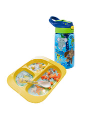 A colorful children’s lunch set featuring a yellow tray with divided sections and a blue water bottle. The tray is adorned with illustrations of animals like elephants, crocodile, and iguana in various playful scenes. Accompanying the tray is a water bottle that showcases a gorilla surrounded by polka dot background. The tray is filled with healthy snacks, including carrot sticks and diced apples making it an appealing mealtime accessory for kids.