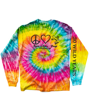 Colorful tie-dye long-sleeve shirt with peace, love, and nature symbols and "30 Wild Years" on left sleeve on a white background