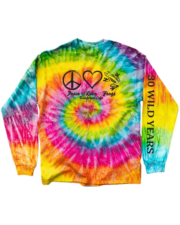 Colorful tie-dye long-sleeve shirt with peace, love, and nature symbols and "30 Wild Years" on left sleeve on a white background