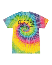 Colorful tie-dye t-shirt with peace, love, and frogs design on a white background
