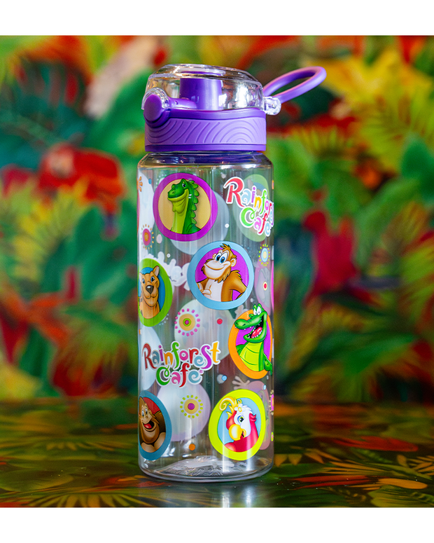 Clear water bottle with purple push-button lid that can hold 23 fluid ounces and has Rainforest Cafe characters as bottle design with background of palm leaves.