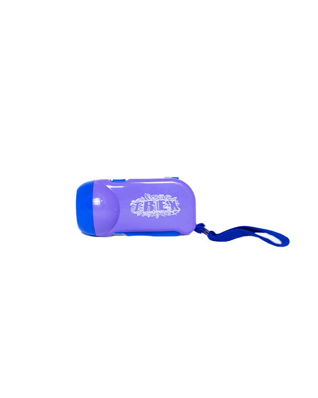 Dark and light purple mini flashlight with wrist strap and T-Rex Cafe logo on the side.