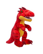 A plush toy of a red and yellow dinosaur with a big, toothy smile, standing against a white background.  The plush toy appears to be predominantly red with yellow accents. It has an open mouth displaying white, sharp teeth, giving it a playful and friendly appearance. Its eyes are green and shiny, adding to the lively expression. The plush toy is standing upright on its two legs, showcasing its full body. It has small arms with three fingers on each hand and feet with three toes each, ending in brown claws.