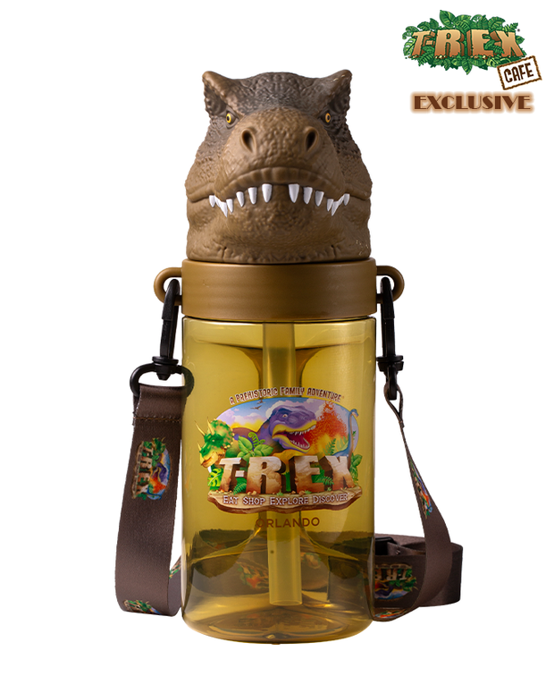 Novelty drink container from T-REX Café with a T-Rex head lid, clear yellow body showcasing the café’s logo and ‘ORLANDO’ location, and a brown strap with dinosaur-themed decorations.