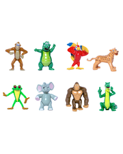 A vibrant collection of cartoon-style animal figurines displayed against a white background. The collection includes a brown monkey, a green alligator, a red parrot, a yellow cheetah, a green frog, a grey elephant, a brown gorilla, and a green iguana. Each figurine is designed with a playful and whimsical style, capturing the unique characteristics of the animals they represent.