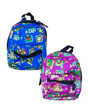 Two colorful keychain backpacks, one blue and the other purple with black zippers, both featuring vibrant illustrations of cartoon animals and the ‘Rainforest Cafe’ logo.
