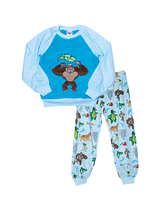 blue rainforest pajama set. top has darker shade of blue on chest with a fuzzy material and embroidered image of bamba the gorilla. Pants have images of all rainforest cafe characters.