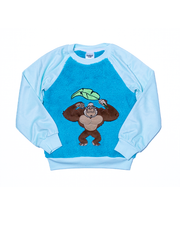 blue rainforest pajama set. top has darker shade of blue on chest with a fuzzy material and embroidered image of bamba the gorilla