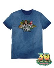 denim washed tee shirt with rainforest cafe logo on chest. underneath logo in black letters reads "30 wild years!"