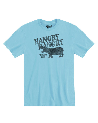 A light blue t-shirt with the playful text ‘HANGRY HANGRY’ above an illustration of a hippopotamus, paired with the ‘Rainforest Cafe’ logo. The shirt is laid flat, showcasing the design prominently against the soft blue fabric.