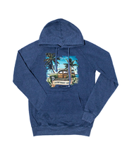 A blue hoodie featuring a colorful tropical scene with palm trees, blue skies, clouds, and an old-fashioned car parked by the ocean. The front of the hoodie displays the text ‘Rainforest Cafe Orlando’ below the graphic.