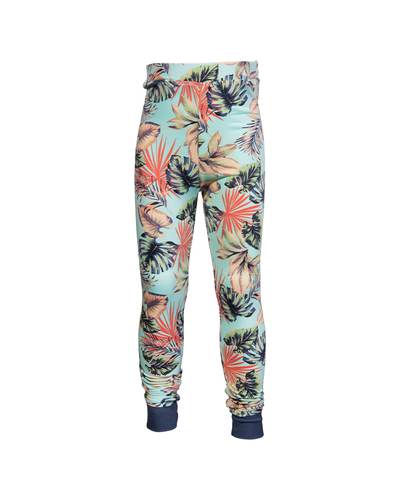 Seafoam green pants with jungle palm pattern print and navy ankle cuffs.