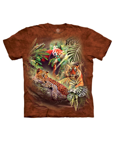 rust dust tie dye tee. image of a red panda, tiger and leopard in the jungle.