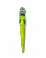 The pen features a crocodile head with big white eyes and black pupils, and a wide open mouth showing red inside. The body of the pen is adorned with dark green scales, adding to the crocodile-like appearance. The pen is set against a plain white background, emphasizing its colorful and whimsical design.